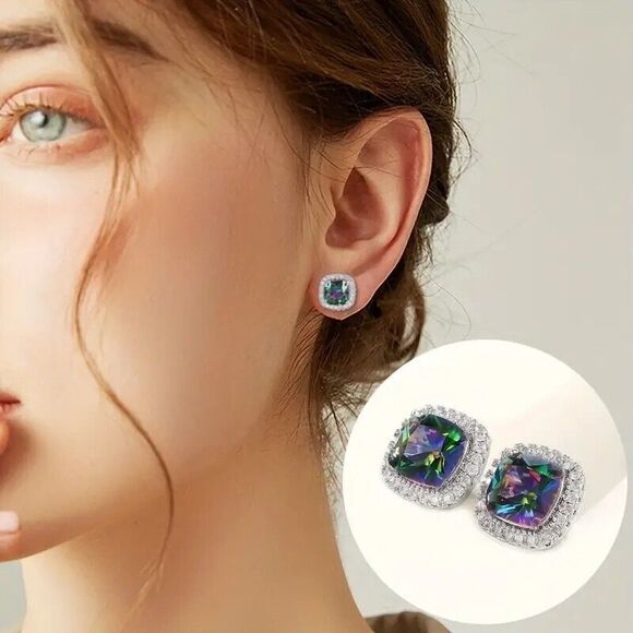 Beautiful Rainbow Topaz Earrings with CZ Accents - Picture 2 of 4